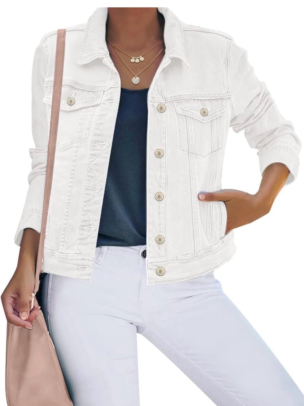 luvamia Women's Basic Stretch Fitted Long Sleeves Denim Jean Jacket S White